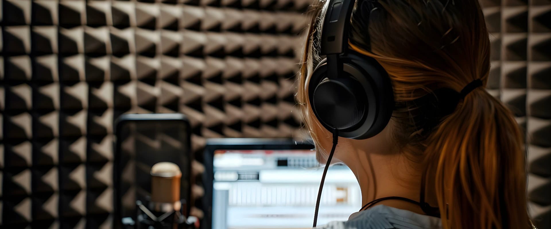 Eine Frau in einem schalldichten Raum bereitet Material für Sprachaufnahmen vor und konzentriert sich dabei auf eine professionelle Stimmwiedergabe für Synchronisationen oder Voiceover-Arbeiten. Konzept Voiceover-Vorbereitung, schalldichtes Studio