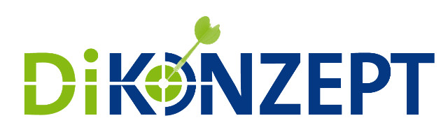 Logo mit dem Text "DiKONZEPT", Pfeil im "O", Farben: Grün und Blau.