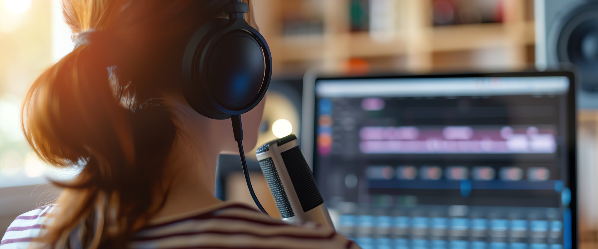 Eine Person mit Kopfhörern, die in einem professionellen Studio mit Mikrofon und Computer im Hintergrund ein Voiceover aufnimmt.