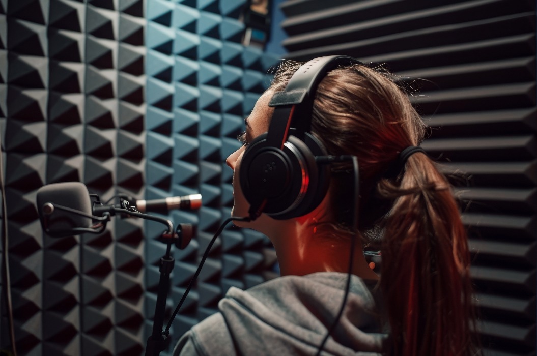 Weibliche Sprecherin im schalldichten Studio bei der Vorbereitung auf eine professionelle Synchronisationssitzung